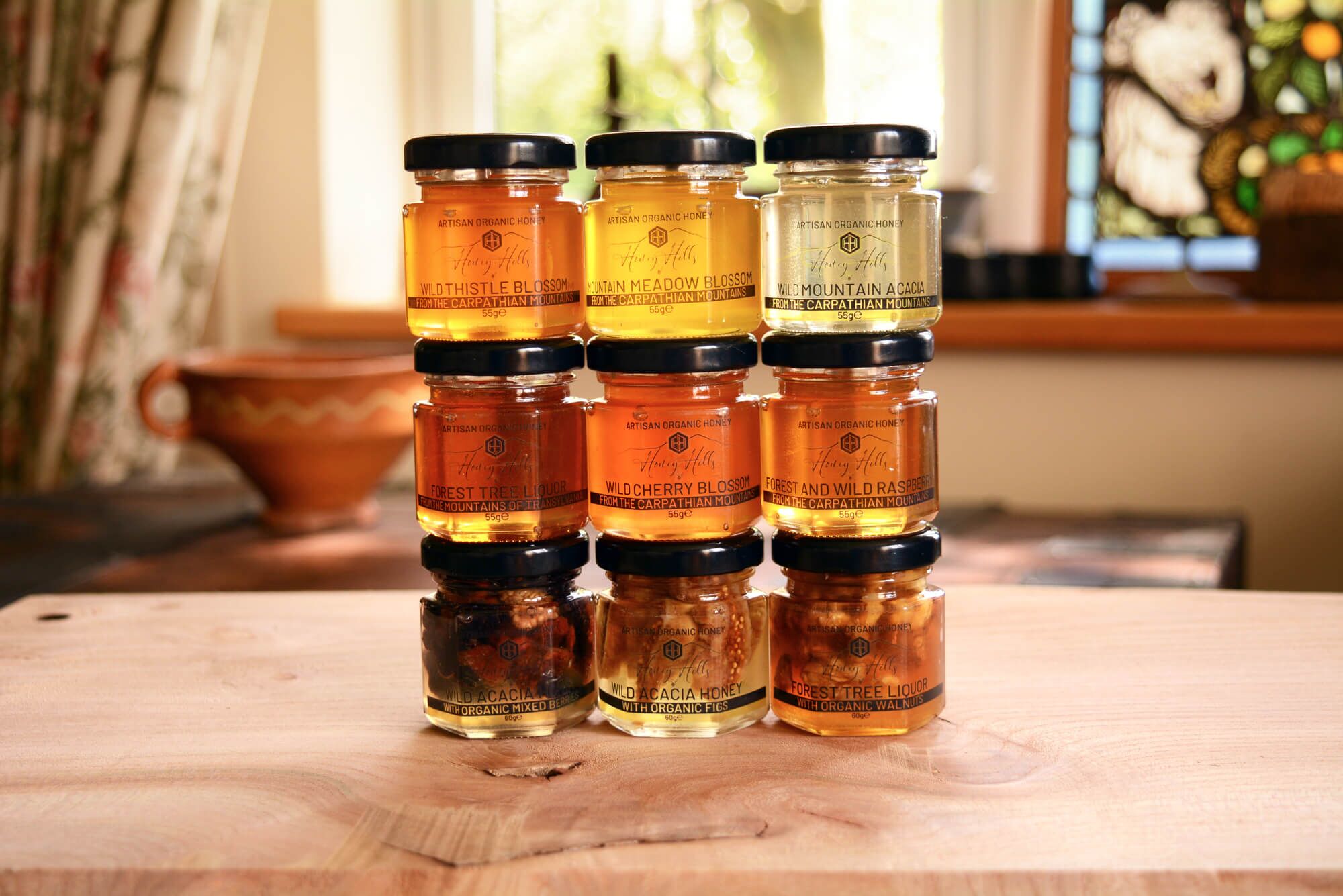 Hamper-Box-taster-set - Honey Hills - Online artisan shop with delicious, rare raw mountain honey varieties Taster set selection of raw organic jars of honey